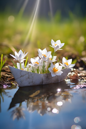 Paper boat with spring flowers and blooms floating on the water surface. Concept of spring, freedom and hope.の素材