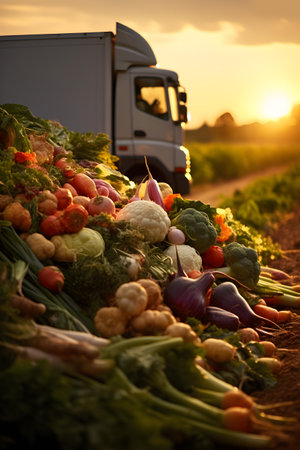 Vintage truck carrying various types of vegetables in a field with sunset. Concept of food transportation, logistics and cargo.の素材