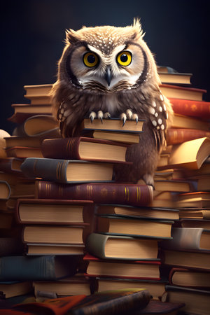 Owl sitting on book piles. Concept of cleverness, wisdom, intelligence, learning and knowledge.の素材