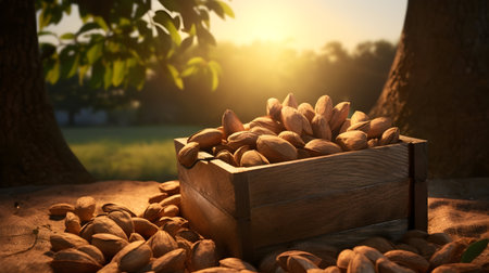 Brazil nuts harvested in a wooden box in a plantation with sunset. Natural organic fruit abundance. Agriculture, healthy and natural food concept.の素材