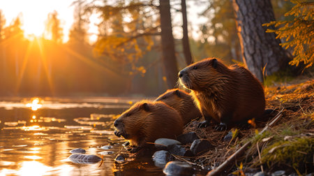 Group of beavers sitting at the bank of the forest river with setting sun.の素材