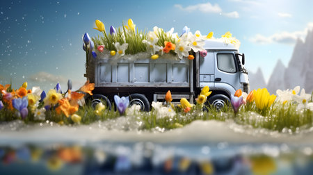 Vintage truck with spring flowers on a meadow with grass and flowers growing through the melting snow. Concept of spring coming and winter leaving.の素材