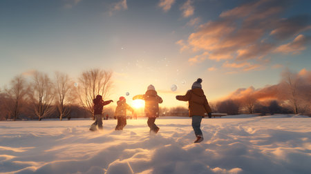 Group of children doing snowball fight, having fun outdoors in winter countryside, snow cover, trees in the background with setting sun.の素材