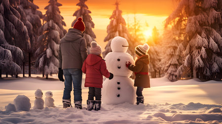 Young family building snowman in winter countryside with snow covered surface, spruce and fir trees and sunset in the background.の素材