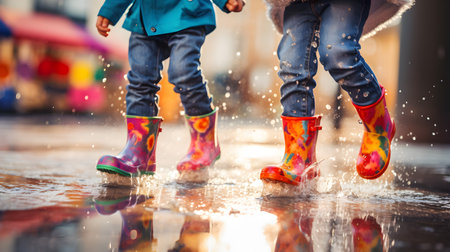 Children with colorful gum boots splashing water in muddy puddles. Focused on the legs. Concept of playfulness, enjoyment, creativity and freedom.の素材