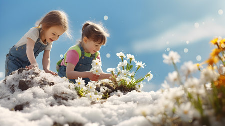 Children playing with flowers on a meadow with grass growing through the melting snow. Concept of spring coming and winter leaving.の素材