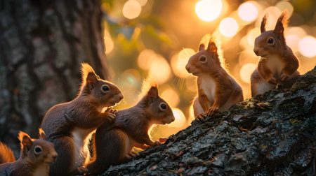 Group of squirrels on the forest tree in the evening with sunset.の素材
