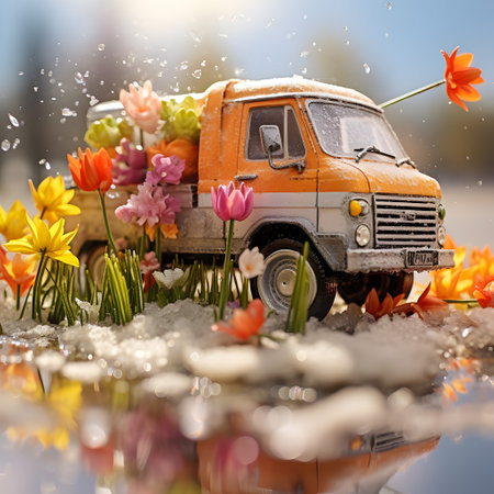 Vintage truck with spring flowers on a meadow with grass and flowers growing through the melting snow. Concept of spring coming and winter leaving.の素材