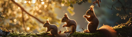 Group of squirrels on the forest tree in the evening with sunset. Horizontal, banner.の素材