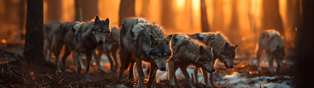 Group of wolves in the forest with sunset. Horizontal, banner.の素材