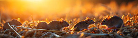 Group of mice in the harvested field in summer evening with setting sun. Horizontal, banner.の素材
