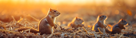 Group of ground squirrels in the harvested field in summer evening with setting sun. Horizontal, banner.の素材