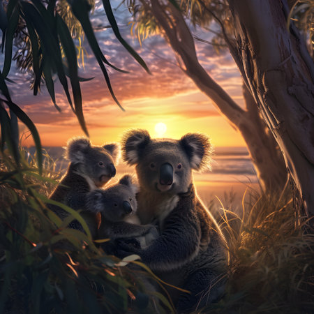 Koala bears in the sea coastal region with setting sun shining. Group of wild animals in nature.の素材