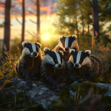 Badgers standing in the forest in the evening with setting sun shining. Group of wild animals in nature.の素材