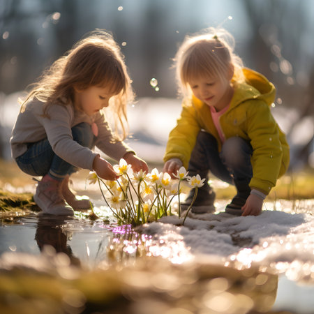 Children playing with flowers growing through the melting snow and mud. Concept of spring coming and winter leaving.の素材