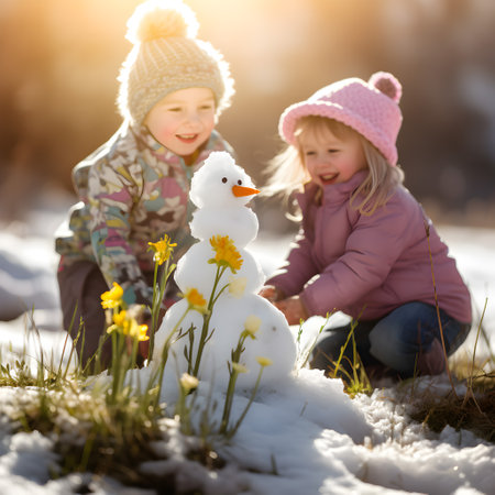 Children playing with snowman on a meadow with grass and spring flowers growing through the melting snow. Concept of spring coming and winter leaving.の素材