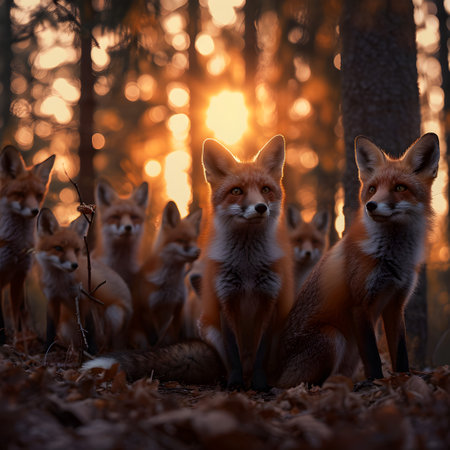 Foxes standing in the forest with setting sun shining. Group of wild animals in nature.の素材