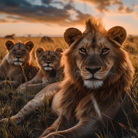 Lions standing in the savanna with setting sun shining. Group of wild animals in nature.の素材