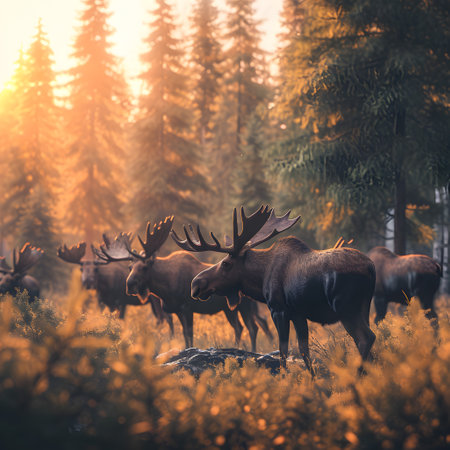 Group of moose in the forest in summer evening with setting sun.の素材