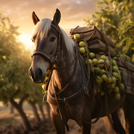 Pack horse carrying apples in an orchard with sunset. Concept of food transportation, logistics and cargo.の素材