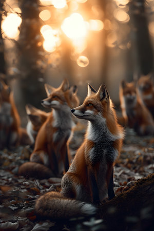 Foxes standing in the forest with setting sun shining. Group of wild animals in nature.の素材