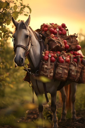 Pack horse carrying apples in an orchard with sunset. Concept of food transportation, logistics and cargo.の素材