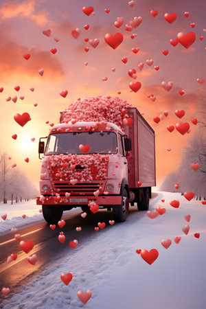 Red and pink decorated truck in motion carrying Valentine's pink and red hearts in a winter countryside with snow cover in sunset backlight.の素材