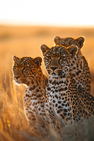 Leopards standing in the savanna with setting sun shining. Group of wild animals in nature.の素材
