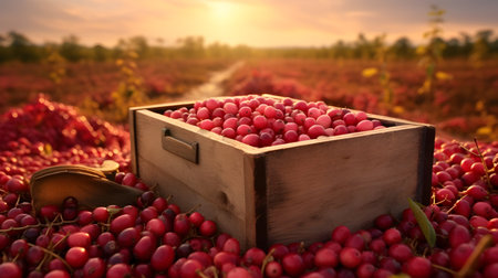 Cranberries harvested in a wooden box in a farm with sunset. Natural organic fruit abundance. Agriculture, healthy and natural food concept. Horizontal composition.の素材