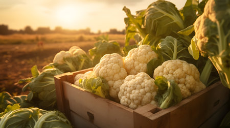 Cauliflower harvested in a wooden box with field and sunset in the background. Natural organic fruit abundance. Agriculture, healthy and natural food concept. Horizontal composition.の素材