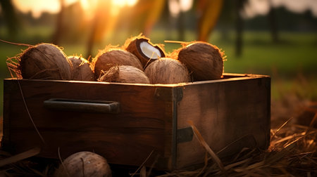 Coconuts harvested in a wooden box in a plantation with sunset. Natural organic fruit abundance. Agriculture, healthy and natural food concept.の素材