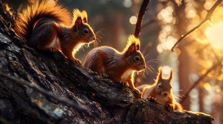 Group of squirrels on the forest tree in the evening with sunset.の素材