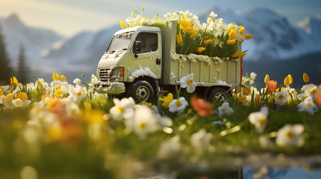 Vintage truck with spring flowers on a meadow with grass and flowers growing through the melting snow. Concept of spring coming and winter leaving.の素材