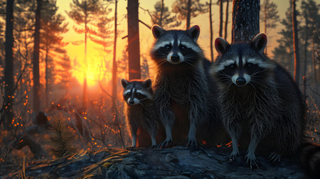Racoon family in the forest with setting sun shining. Group of wild animals in nature.の素材