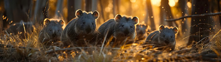 Wombat family in the forest with setting sun shining. Group of wild animals in nature. Horizontal, banner.の素材