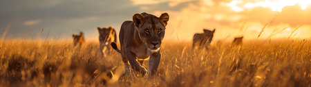Lions standing in the savanna with setting sun shining. Group of wild animals in nature. Horizontal, banner.の素材