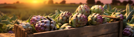 Artichokes harvested in a wooden box in artichoke field with sunset. Natural organic vegetable abundance. Agriculture, healthy and natural food concept.の素材