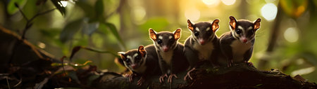 Sugar gliders in the forest with setting sun shining. Group of wild animals in nature. Horizontal, banner.の素材