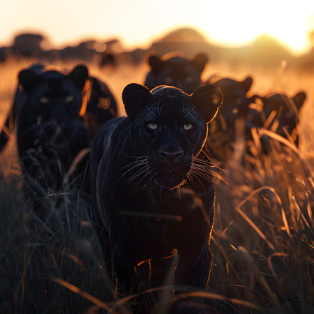 Black panthers standing in the savanna with setting sun shining. Group of wild animals in nature.の素材