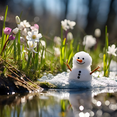 Snowman on a meadow with grass and spring flowers growing through the melting snow. Concept of spring coming and winter leaving.の素材