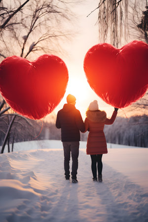 Young couple holding huge red Valentine heart in a snowy countryside. Concept of love, friendship, togetherness and happiness.の素材
