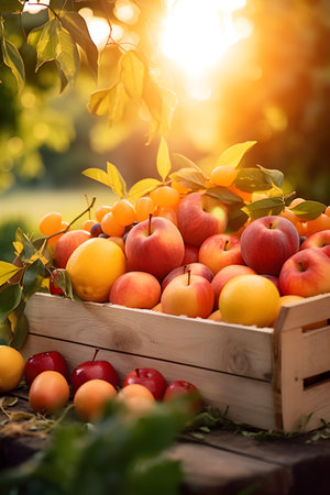 Various kinds of fruits harvested in a wooden box in an orchard with sunset. Natural organic fruit abundance. Agriculture, healthy and natural food concept. Horizontal composition.の素材