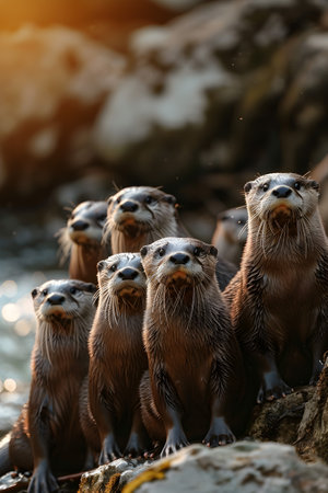 Otter family at the bank of the forest river with setting sun shining. Group of wild animals in nature.の素材