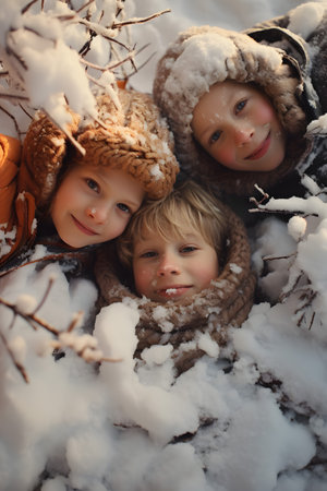 Group of children lying on the snow covered surface with snow on their hats, hair and clothes smiling, happy, having fun. Focused on their heads, top view. directly above, vertical.の素材