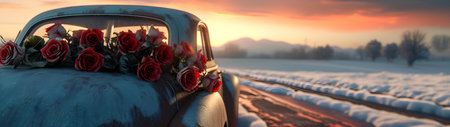 Red rose decorated vintage car in motion in a winter countryside with snow cover in sunset backlight. Horizontal, banner.の素材