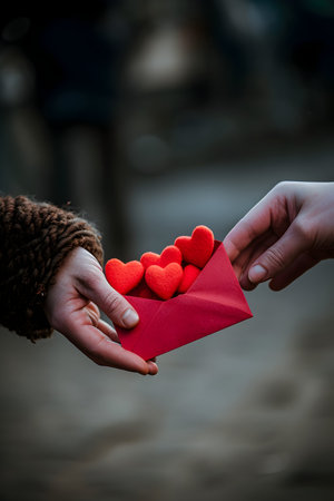 Hand holding letter full of red hearts giving it to another hand. Concept of Valentine's day, love, present, giving and surprise.の素材