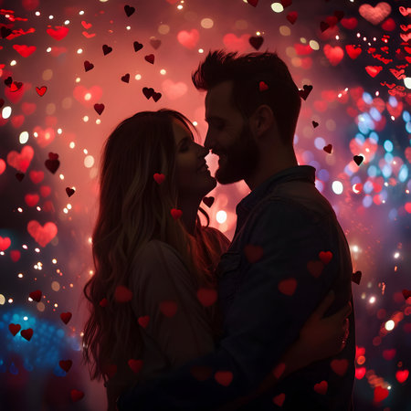 Young couple in embrace at night with abstract red hearts lights. Concept of Valentine's day, love, happiness and freedom.の素材