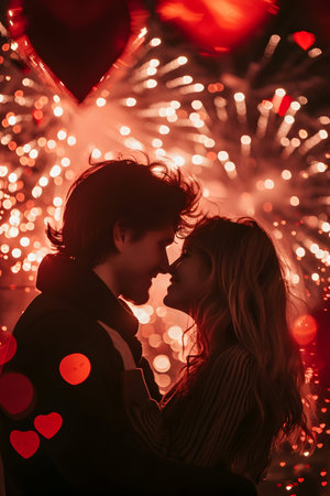 Young couple in embrace at night with abstract red hearts lights. Concept of Valentine's day, love, happiness and freedom.の素材