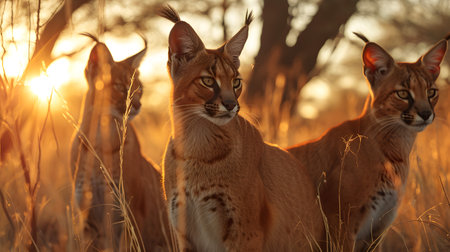 Caracal family in the savanna with setting sun shining. Group of wild animals in nature.の素材