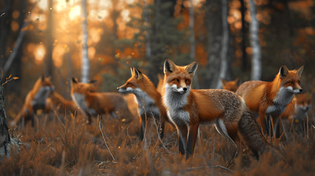 Foxes standing in the forest with setting sun shining. Group of wild animals in nature.の素材